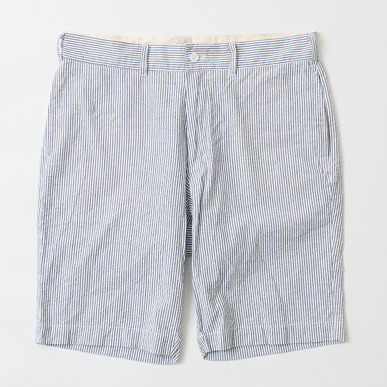 KEATON CHASE USA (キートンチェイスUSA) BERMUDA SHORT W/BUCKLE BACK SEERSUCKER STRIPE 40'S - NAVY BLUE_WHITE バミューダショーツ メンズ