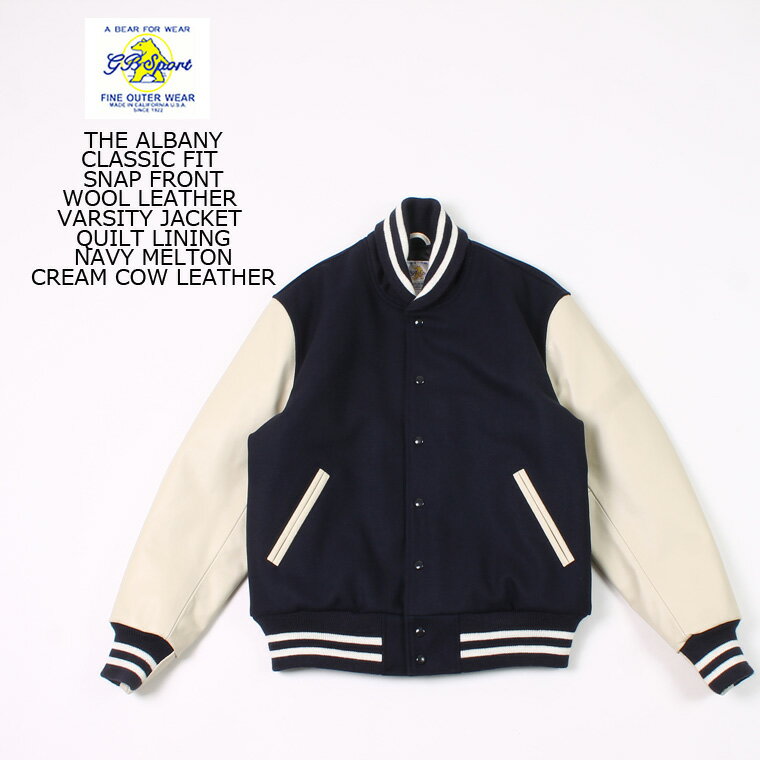 ジービースポーツ スタジャン メンズ GB SPORTS (ジービースポーツ) THE ALBANY - CLASSIC FIT SNAP FRONT WOOL LEATHER VARSITY JACKET QUILT LINING - NAVY MELTON_CREAM COW LEATHER