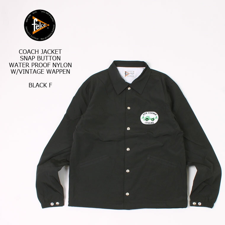 フェルコ コーチジャケット メンズ FELCO (フェルコ) COACH JACKET SNAP BUTTON WATER PROOF NYLON W/VINTAGE WAPPEN - BLACK F コーチジャケット メンズ