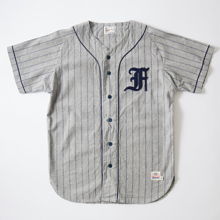 FELCO (フェルコ) BASEBALL SHIRT COTTON/LINEN BASEBALL SHIRT CLOTH W/ OLD F FONT - GREY_NAVY ベースボールシャツ