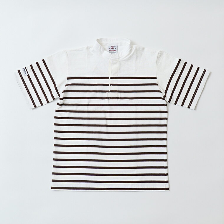 Rakuten - BARBARIAN (バーバリアン) S/S LIGHT WEIGHT HENLEY NECK SHIRT - WHITE_BROWN ヘンリーネック Tシャツ メンズ