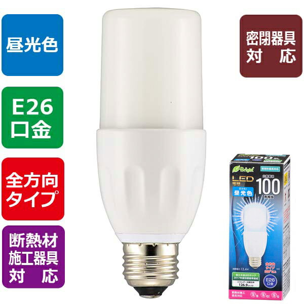 LED電球 口金E26 D形・T形 LDT13D-G IS20 LED電球 T形（100形相当/1700lm/昼光色/E26/全方向配光300°/密閉形器具対応/断熱材施工器具対応）_OHM（オーム電機）