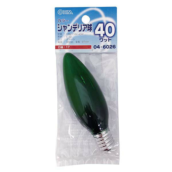 白熱電球 口金E17 シャンデリア球 【納期約2週間】LB-C2740-CG シャンデリア球 クリアカラー（40W/グリーン/C-32/E17） OHM（オーム電機）