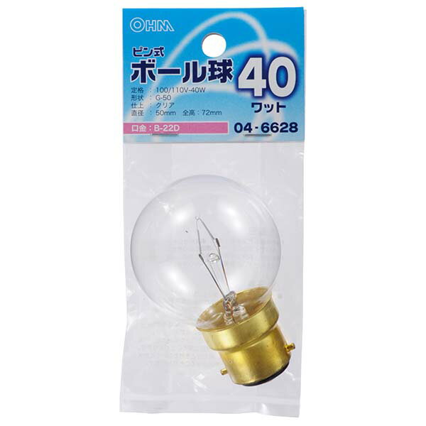 Filament Lamps - 白熱電球 口金B22D ミニボール球 【納期約2週間】04-6628 ミニボール球（40W/クリア/G50/B22D） OHM（オーム電機）