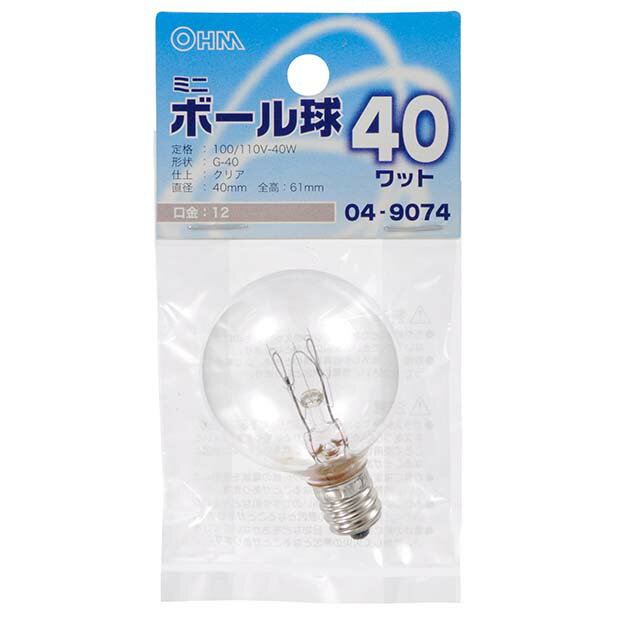 口金E12定格100/110V-40W形状G-40仕上クリアサイズ直径40×長さ61mm※製品の仕様は予告なく変更されることがあります。メーカー取寄品