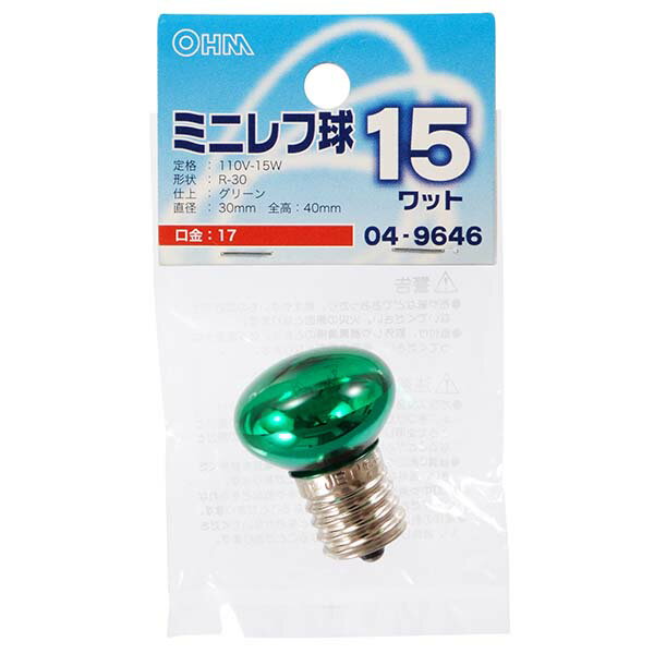 Reflection Bulb （Scatter） - 白熱電球 口金E17 ミニレフ球 【納期約2週間】LB-R3715-CG ミニレフ球（15W/グリーン/R-30/E17） OHM（オーム電機）