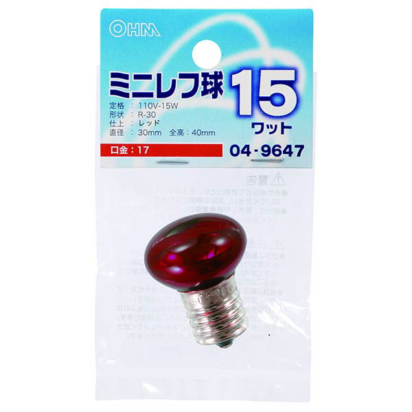 白熱電球 口金E17 ミニレフ球 【納期約2週間】LB-R3715-CR ミニレフ球（15W/レッド/R-30/E17） OHM（オ..