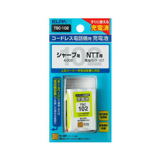 コードレス電話・子機用バッテリー TSC-102 電話機用充電池 ELPA(エルパ・朝日電器) コードレス電話・子機用バッテリー TSC-102 電話機用充電池 ELPA(エルパ・朝日電器)