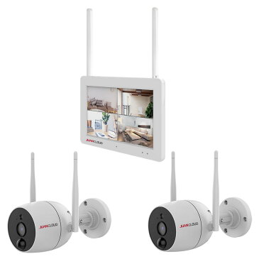 スマホで防犯 最大4台接続可能 水鏡 モニター+Wi-Fi屋外IPカメラ(2台)セット_JA-T6204-PO1031-WP