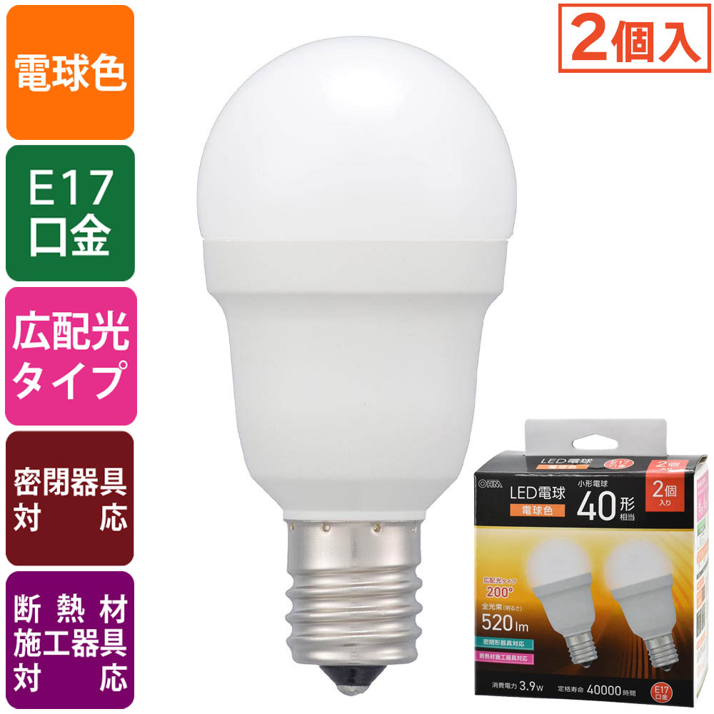 特長 ●全光束520ルーメン、小形電球40形相当の明るさ●光の広がり約200°の広配光タイプ●密閉形器具対応●断熱材施工器具対応●省エネ法2027年度目標基準達成●E17口金●電球色●5年保証対象商品●2個入り 商品仕様 ●屋内用（屋外使用禁止）交流電源100V 50/60Hz共用●寸法：全長…78mm、最大径38mm●質量：34g●定格消費電力：3.9W●全光束：520 lm●エネルギー消費効率：133.3 lm/W●平均演色評価数：Ra83●定格寿命：40000h 【ご注意】 ※次のような器具には使用できません。・調光機能のついた器具（100%点灯でも使用不可）・誘導灯、非常用照明器具・HIDランプ器具、水銀灯器具・直流電源※このほか使用器具の種類によって寸法的、熱的、その他の状況（リモコン機器のついた器具など）により使用できない場合があります。※ご使用になられる照明器具の構造によっては、放熱不良で短寿命となることがあります。※密閉器具でのご使用の場合、器具の寸法により、使用できない場合や寿命が短くなる場合があります。メーカー取寄品
