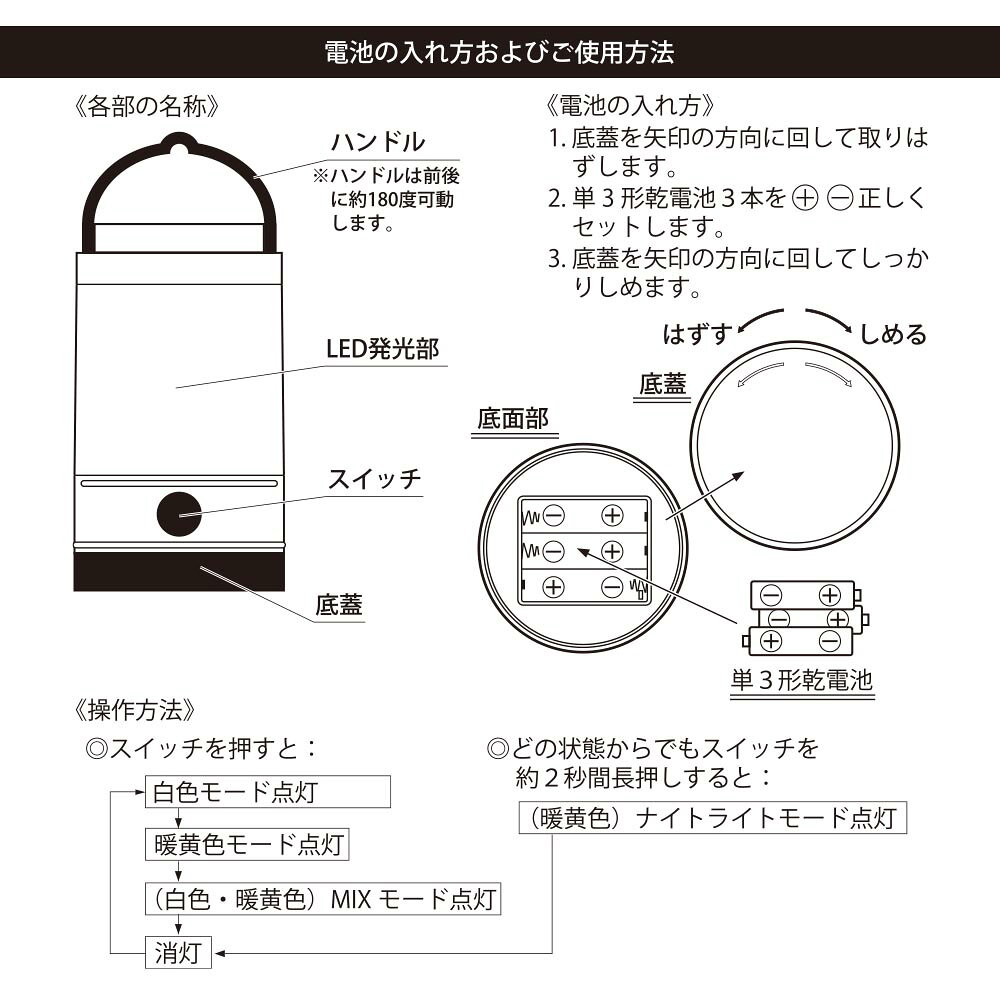 LEDミニランタン（260 lm MIX/連続使用75時間 ナイトライト/単3形×3本使用/保護等級 IPX4）_08-1048_LNP-B260-W_OHM（オーム電機） exsight-10049540 エクサイトセキュリティ楽天市場店 サンプル画像3