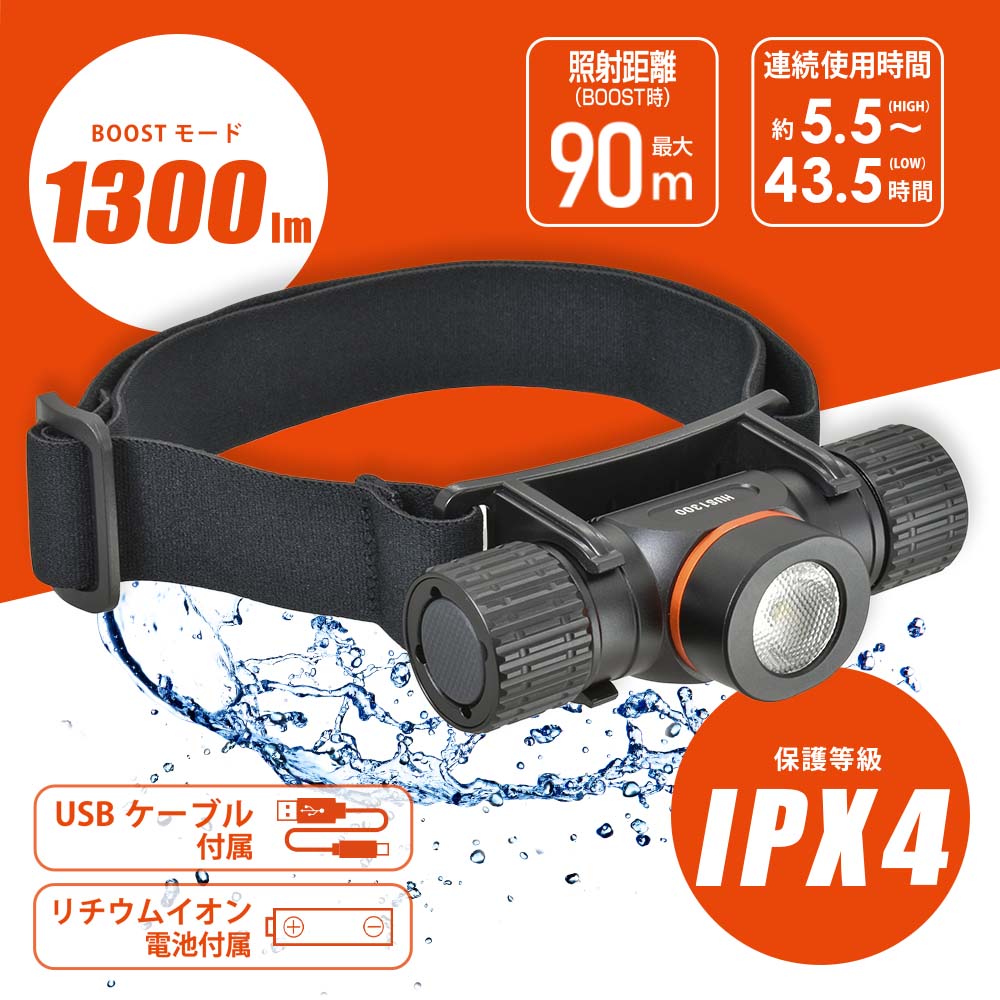 商品仕様 ●電源：DC5V・1A●付属充電池：リチウムイオン電池 3.6V 2600mAh●光源：白色系LED（交換不可）●連続使用時間：明るさ10%まで ※満充電時 ※環境温度などにより異なります。約5.5時間／HIGH（ハイ）モード、約8.5時間／MID（ミドル）モード、約43.5時間／LOW（ロー）モード●光束：約1300 lm（ルーメン）／BOOST（ブースト）モード ※BOOST（ブースト）モードのとき、簡易的に本体照明部分を積分球に入れ、満充電で実測した数値約550 lm（ルーメン）／HIGH（ハイ）モード、約200 lm（ルーメン）／MID（ミドル）モード、約40 lm（ルーメン）／LOW（ロー）モード●照射距離：約90m ※照射距離は理論値であり、BOOSTモードでの満月時の月光0.25 lux以上の明るさで照らすことのできる距離です。ただし実際の使用場所の温度・湿度やその他の環境条件によって誤差があります。同じ条件でもレンズや反射鏡（リフレクター）等の個体差によっても誤差があります。●保護等級：IPX4（防まつ形）※水の飛まつに対して保護する。あらゆる方向からの水の飛まつによっても有害な影響を及ぼしてはならない。（JIS C 0920:2003による。）●外形寸法：（約）横94×高さ31×奥行47mm（ヘッドバンド除く）●質量：約91g（電池除く）●付属品：ヘッドバンド、USBケーブル、リチウムイオン電池1本メーカー取寄品