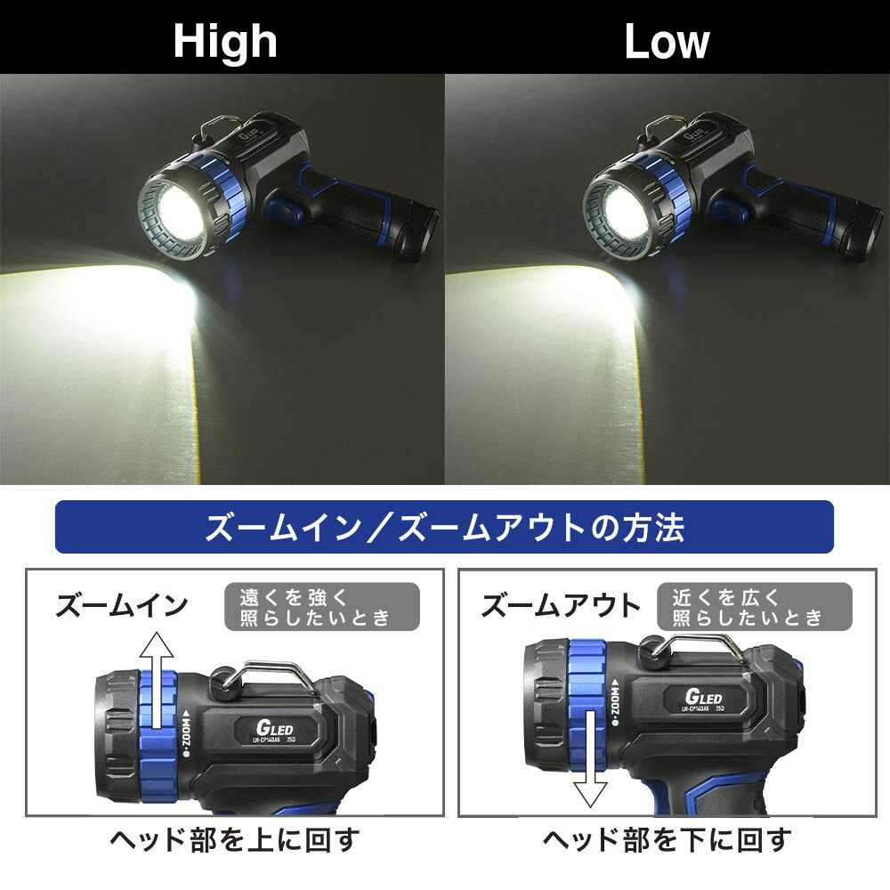 充電式GLEDライト（最大照射距離700m/1400 lm/インジケータ付）_08-1733_LH-CP140A5_OHM（オーム電機）