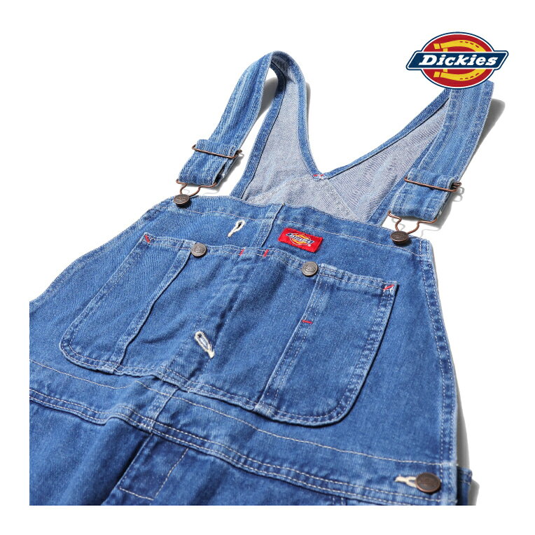 商品名 DICKIES/ディッキーズDK8396 INDIGO BIB OVERALL / インディゴビブオーバーオール ブランド DICKIES/ディッキーズDICKIESとは1922年創業のアメリカのテキサス州で生まれたワークカジュアルブランドであり、世界約100ヵ国で展開されている。正式な社名は『Willamson-Dickie Manufacturing Company』“ディッキーズ”はブランド名で、由来は創始者の1人であるE.E.デッキ—から。全米各地の工場や米軍などに採用されるなど実用性を重視してきた歴史があり、ファッションアイテムとして愛用される現在でも、生地の丈夫さやディティールには定評がある。 商品説明 胸当て（ビブ）部分にスナップボタン付きの大きなポケットがデザインされた、ディッキーズ定番のオーバーオール。ハンマーループやツールポケットなど多くの収納がワークウェアらしさを演出。ブレストポケット・バッグにはブランドロゴパッチ。ストーンウォッシュ加工が施された柔らかいデニム生地は着心地抜群です。 生産国 生産国:バングラデシュ 素材 コットン100％ サイズ ウエスト 股上 股下 ワタリ 裾幅 30 約90.0 cm 約32.5 cm 約82.0 cm 約31.0 cm 約23.0 cm 32 約94.0 cm 約35.0 cm 約82.0 cm 約33.0 cm 約24.5 cm 34 約104.0 cm 約36.0 cm 約82.0 cm 約34.0 cm 約25.0 cm 36 約105.0 cm 約37.0 cm 約82.0 cm 約35.0 cm 約26.0 cm 38 約110.0 cm 約39.0 cm 約82.0 cm 約38.0 cm 約26.0 cm 40 約112.0 cm 約39.0 cm 約82.0 cm 約38.0 cm 約26.0 cm 42 約117.0 cm 約39.0 cm 約82.0 cm 約38.0 cm 約25.0 cm ※上記数値は在庫一点を測った平置き実寸です。商品の個体差や商品箇所によって、数値とは多少前後する場合がございます。予めご了承下さい。 カラー STONE WASHED