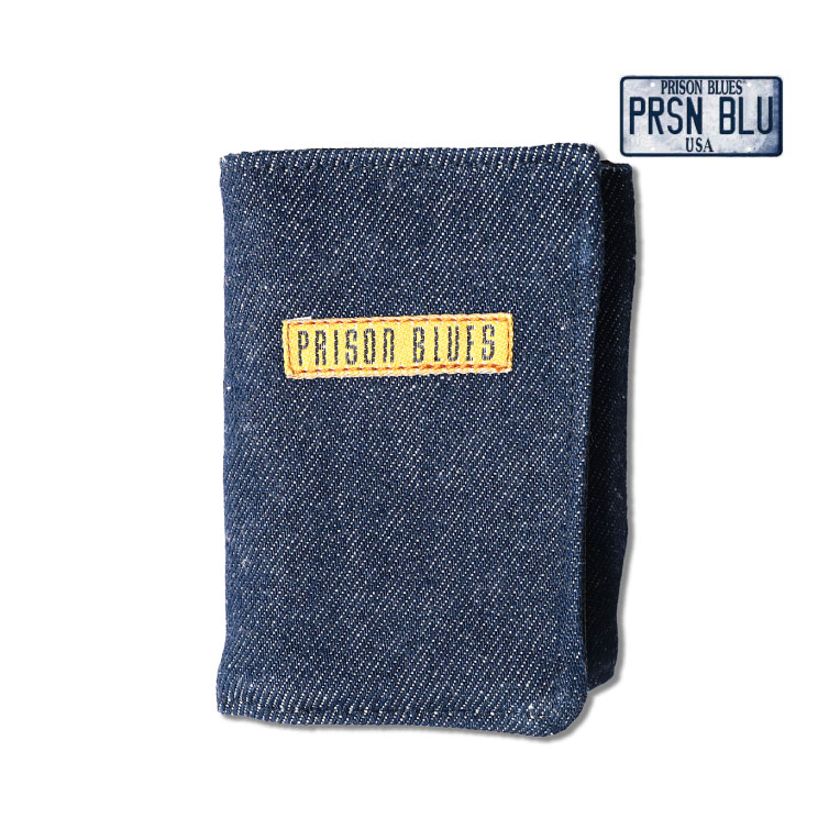 PRISON BLUES / プリズンブルース PRBS520 BLUE DENIM TRI-FOLD WALLET / ブルーデニム三つ折り財布 -全1色- USA ワンウォッシュデニム コットン ロゴ トリム カードポケット メンズ ダブルステッチ ナイロン シンプル お札入れ ヘビーデニム [PRBS520]