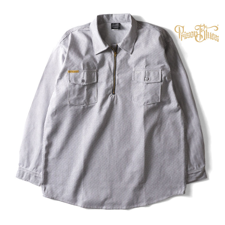 PRISON BLUES / プリズンブルース PRBS402 LONG SLEEVE HICKORY SHIRTS HALF ZIPPER FRONT / ヒッコリーストライプハーフジップ長袖シャツ -全1色- USA メンズ ポケット 大きいサイズ ネームタグ プルオーバー ワイドシャツ PRBS402