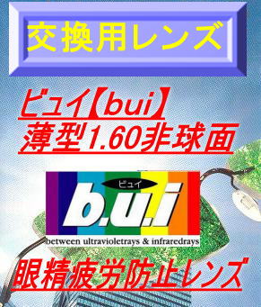 眼精疲労予防薄型非球面【交換用レンズ・加工料込】ビュイ【bui】1.60AS高撥水&UVカット付（2枚1組）