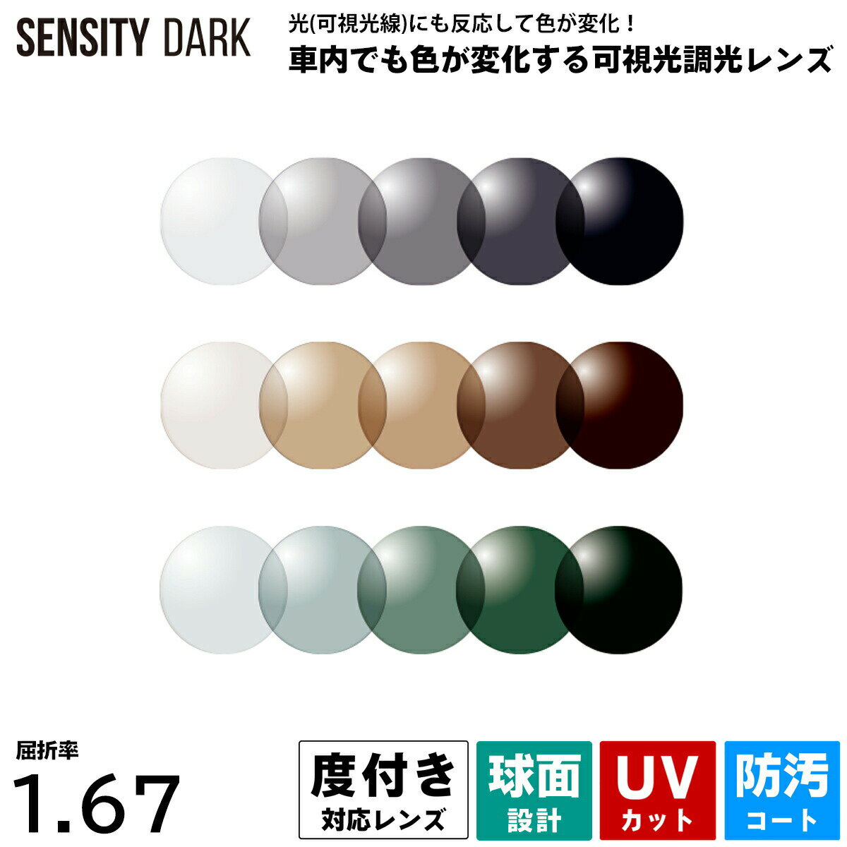 度付きレンズ 可視光調光 センシティダーク HOYA SENSITY DARK 球面 超薄型 HL67 ハイルックス167 2枚1組 UVカット プラスチックレンズ