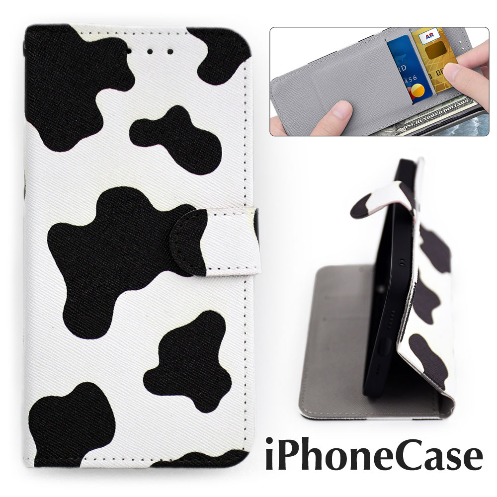 【在庫限り】 ぶち柄 手帳型 アイフォン ケース レザー 牛柄 斑模様 13 12 カバー ブラック ホワイト iphone 13 mini 13pro 12promax 横置き可能 ホルスタイン 革 黒 白 うしがら レディース
