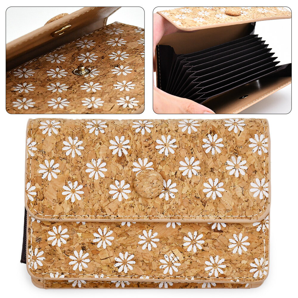 コルク 花柄 名刺入れ 蛇腹ポケット 区分収納 花模様 カードケース 扇形 ベージュ ホワイト マグネット不使用 白 クレカ収納 レディース メンズ カジュアル シンプル