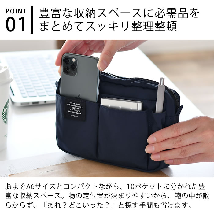 バッグインバッグ 小さめ ミニ デルフォニックス インナーキャリング スタッド S 軽量 10ポケット A6 スマホ ポーチ ショルダー インナーバッグ 整理 収納 ガジェットポーチ コスメポーチ 仕切り ジップポーチ DELFONICS ezehome-10013034 庭と雑貨のある家 Eze(エズ) サンプル画像3