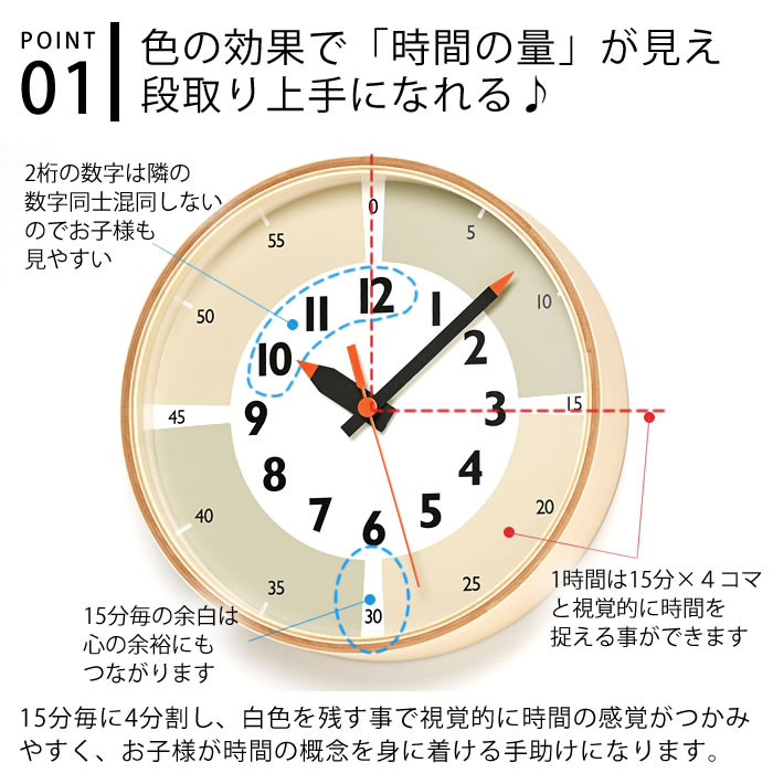 【6月10日はポイント最大10倍祭】時計 壁掛け レムノス ふんぷんくろっく ウィズカラー YD23-09 時計 壁掛け おしゃれ 時計 子ども 知育時計 北欧 かわいい 読む リビング 教育 子供部屋 木製 日本製 子供 キッズ [3]