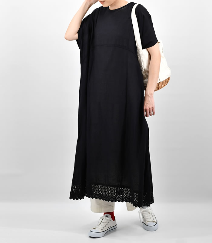 【レビュー特典付】 KI.GOKOCHI 裾レース2way半袖ワンピース 綿麻レーヨン レディース ナチュラル ペーシック リネン おしゃれ シンプル かわいい おすすめ 重ね着 レース 上品 コットン ワンピ フェミニン