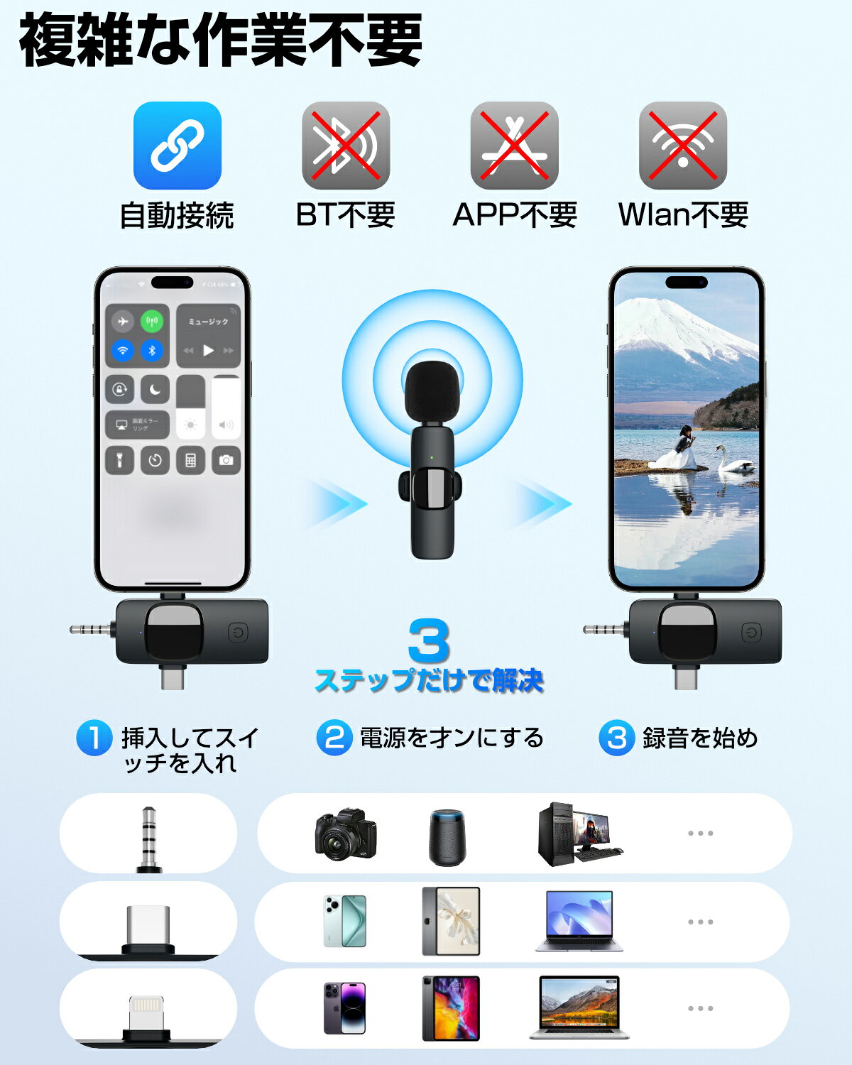 e-zoneの【2個セット】ワイヤレスマイク ピンマイク 2人同時使用 ワイヤレスピンマイク ワイヤレス マイク iPhone Type-C Android スマホマイク 360°集音録音 ミニマイク カメラ PC 3.5mm対応 瞬時接続 ノイズ軽減 クリップ式 収納袋付 Vlog撮影 動画 YouTube TikTok生放送 送料無料｜アングル2