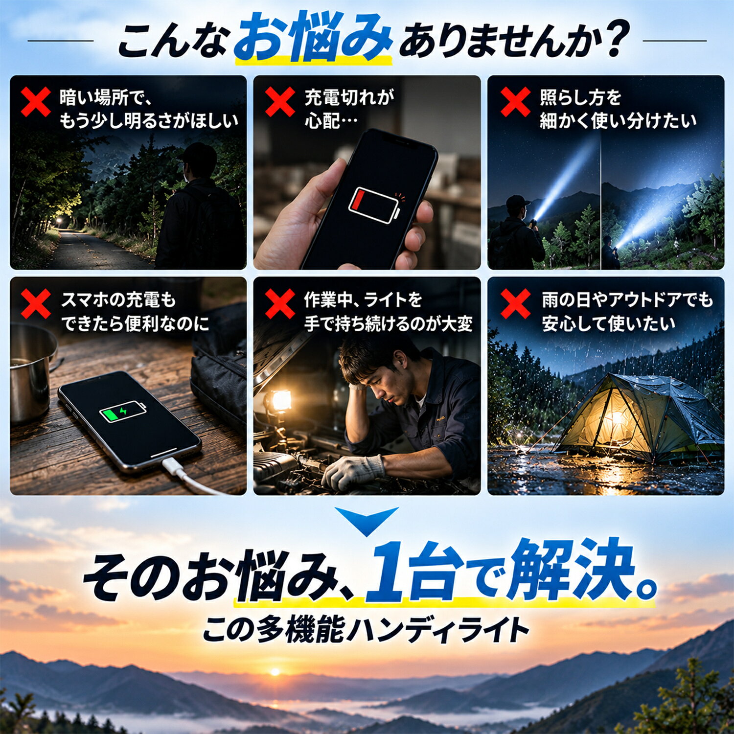 【充電x電池両対応 】懐中電灯 LED 強力 ハンディライト 高輝度 COBライト 10000ルーメン 5000mAh大容量 IPX7防水 マグネット付き 防災 ストラップ付き 9モード調光 ズーム式 ハンドライト 耐衝撃 電池残量表示 PSE認証済み アルミ合金 地震 停電対策 夜釣り 登山 送料無料 ezone-10002721 e-zone サンプル画像2