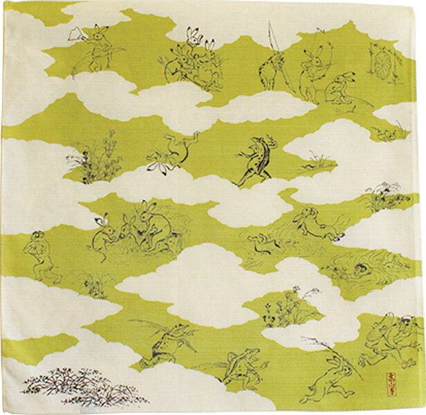 \5%OFFクーポン配布中/風呂敷 お弁当 48cm 鳥獣人物戯画 グリーン 綿 ふろしき 名入れ可 日本製 おしゃれ かわいい 和柄 おべんとう タペストリー チーフ ラッピング 風呂敷専門店 お土産 サイズ プチギフト ポイント消化 メール便 送料無料 バレンタイン 2021