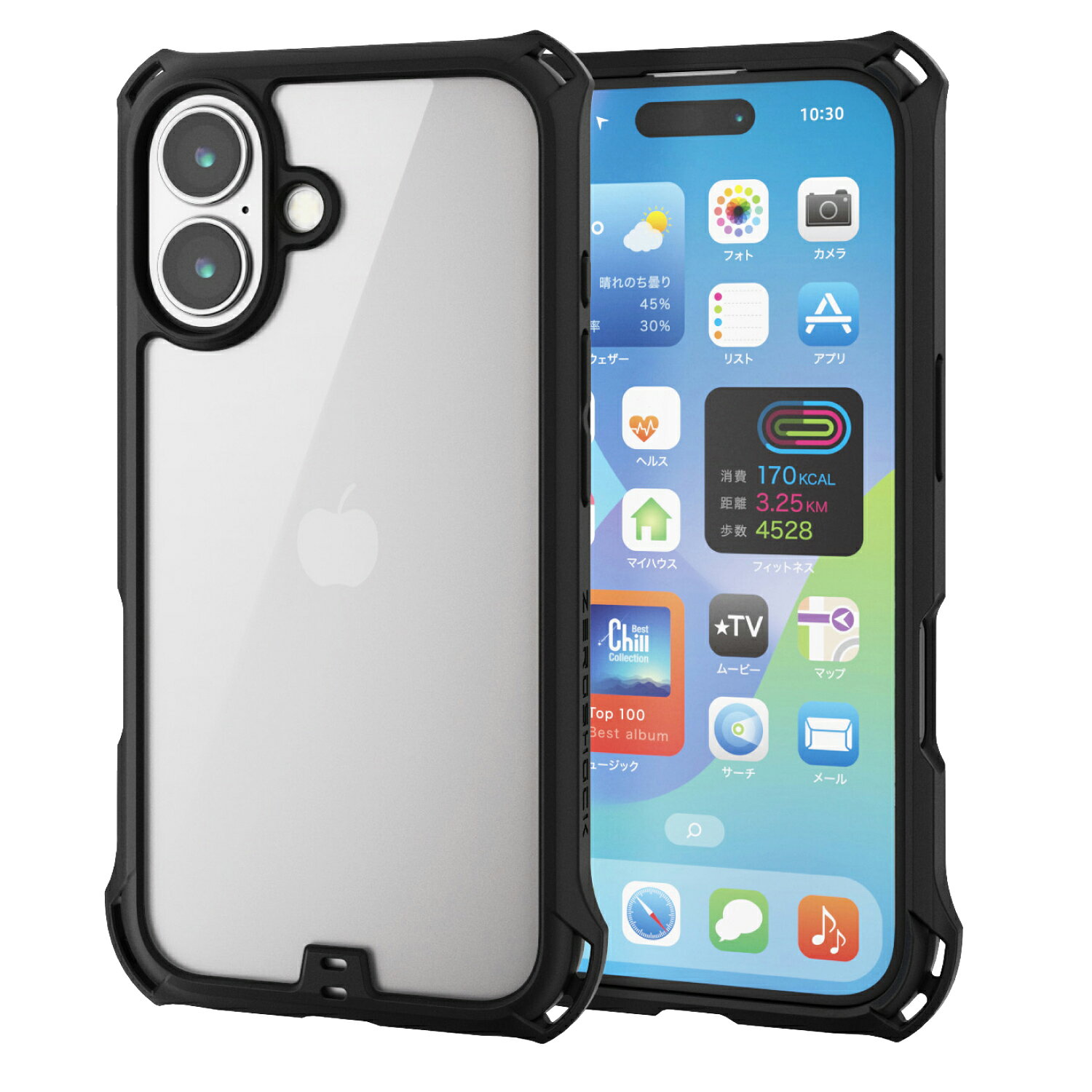 Rakuten - [ELECOM]iPhone 16 ケース ハイブリッド 衝撃吸収 カメラレンズ保護設計 ストラップホール付 背面クリア 硬度5H フィルム付 ZEROSHOCK ブラック PM-A24AZEROFCBK/PMA24AZEROFCBK