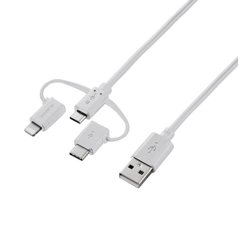 [ポイント10倍][ELECOM]スマートフォン用USBケーブル/3in1/microUSB+Type-C+Lightning/0.3m/ホワイト MPA-AMBLCAD03WH/MPAAMBLCAD03WH