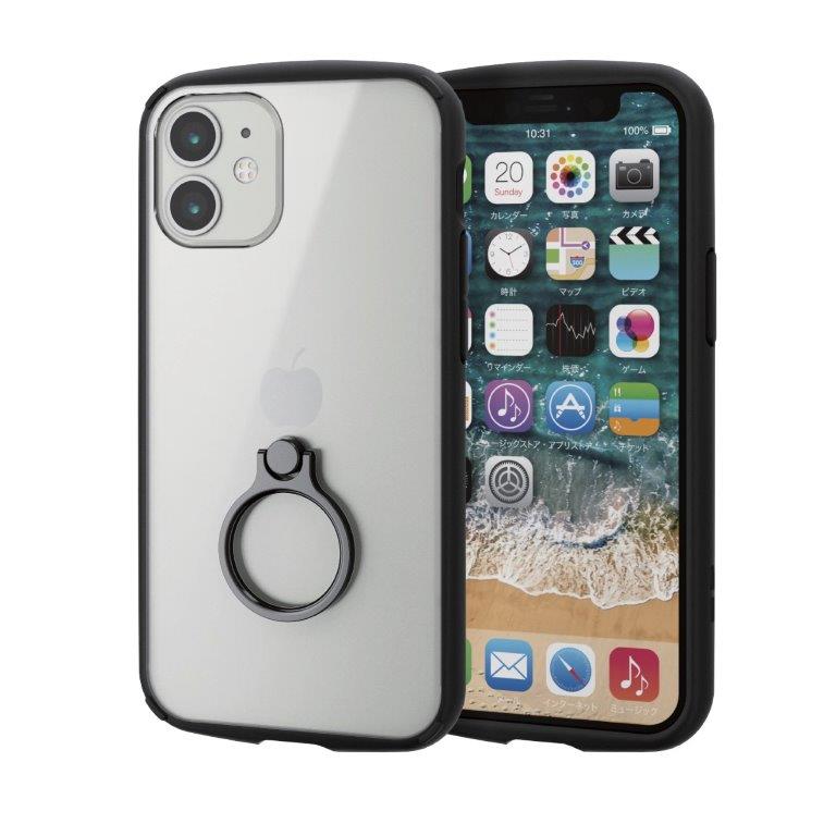[ポイント10倍][ELECOM]iPhone12 mini ケース カバー フレームカラー スマホリング 耐衝撃 TPU 背面 クリア 硬度8H 薄型 スリム 軽い スタンド ポリカーボネート ブラック PM-A20ATSLFCRBK/PMA20ATSLFCRBK