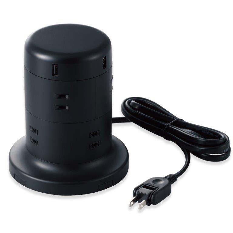 樂天商城 - [ELECOM]延長コード タワー電源タップ 8個口 2m ほこりシャッター付 ブラック TT-U01-0820BK/TTU010820BK