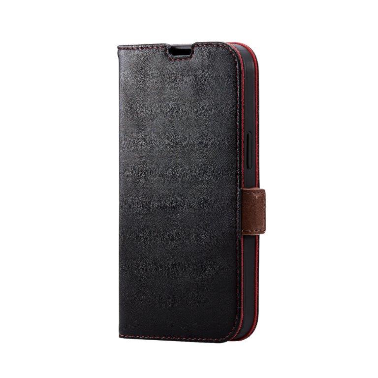 樂天商城 - [ELECOM]iPhone 14 / 13 ケース カバー レザー 手帳型 マグネット フラップ 耐衝撃 衝撃吸収 スリム ストラップホール付 スタンド機能付 ステッチ ブラック PM-A22APLFYBK/PMA22APLFYBK