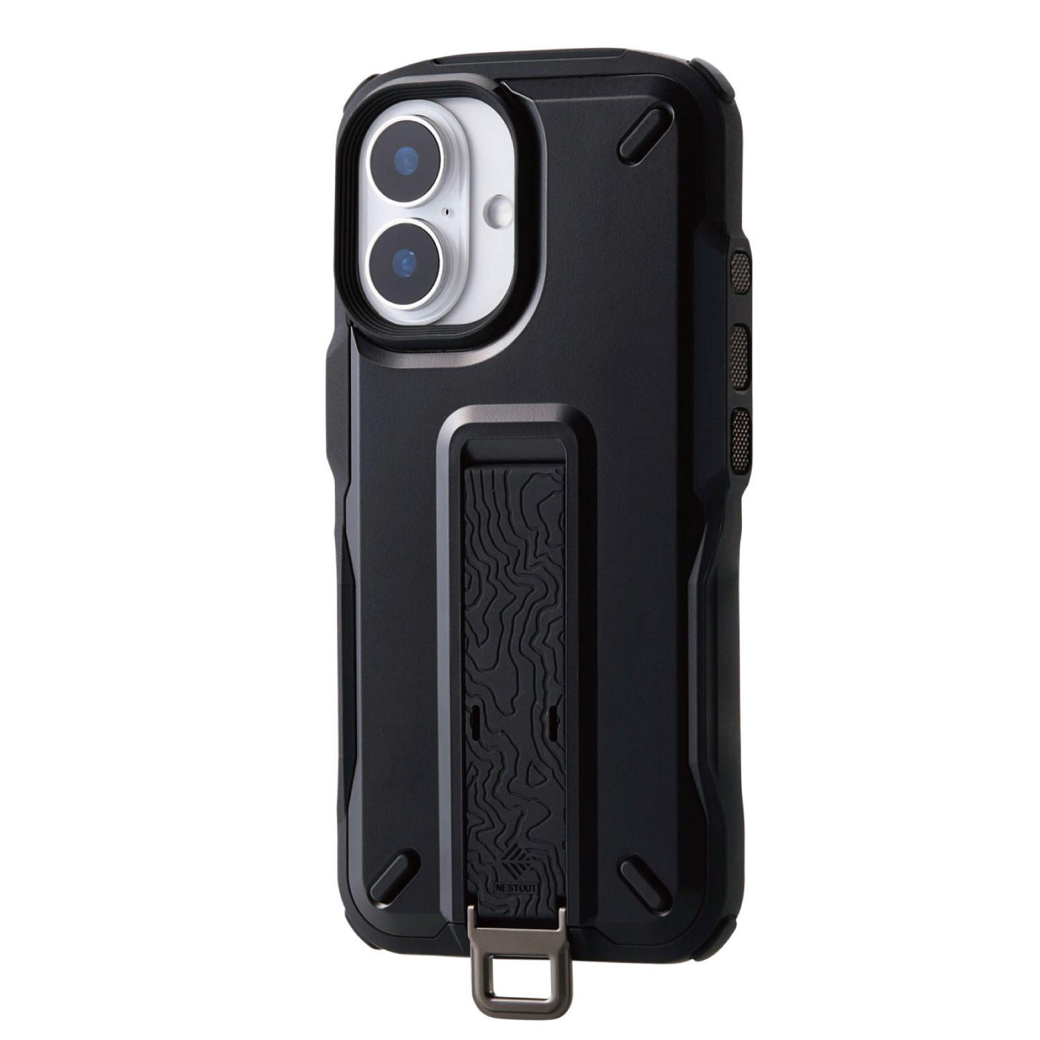 [ELECOM]iPhone 16 ケース ハイブリッド カバー 衝撃吸収 ストラップホール付 フィンガーベルト付 スタンド機能 専用ホルダー付 NESTOUT ブラック PM-A24ANESTBK/PMA24ANESTBK