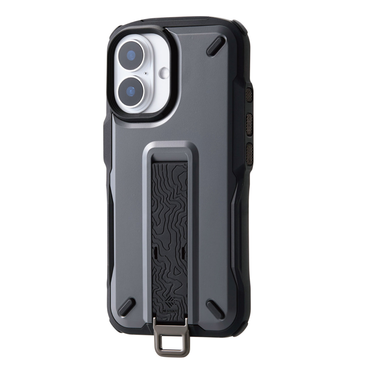 [ELECOM]iPhone 16 ケース ハイブリッド カバー 衝撃吸収 ストラップホール付 フィンガーベルト付 スタンド機能 専用ホルダー付 NESTOUT グレー PM-A24ANESTGY/PMA24ANESTGY