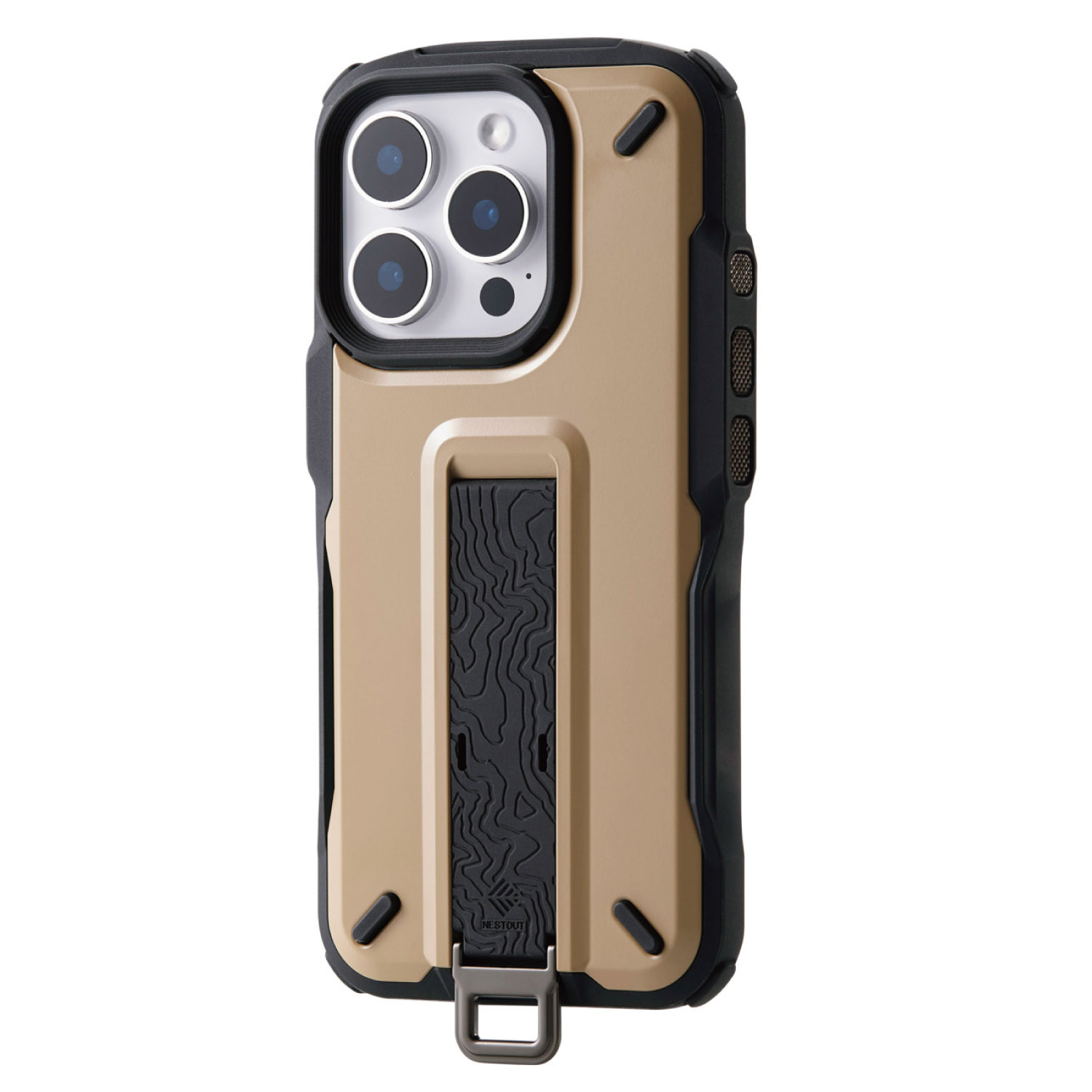 [ELECOM]iPhone 16 Pro ケース ハイブリッド カバー 衝撃吸収 ストラップホール付 フィンガーベルト付 スタンド機能 専用ホルダー付 NESTOUT サンドベージュ PM-A24CNESTBE/PMA24CNESTBE