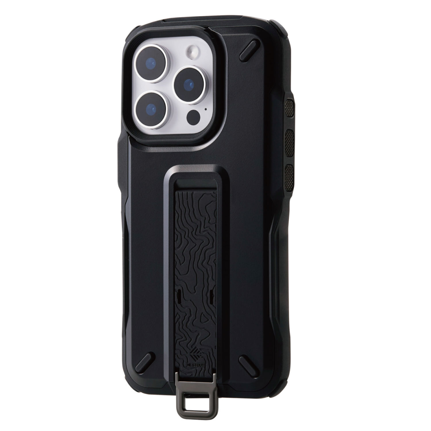 [ELECOM]iPhone 16 Pro ケース ハイブリッド カバー 衝撃吸収 ストラップホール付 フィンガーベルト付 スタンド機能 専用ホルダー付 NESTOUT ブラック PM-A24CNESTBK/PMA24CNESTBK