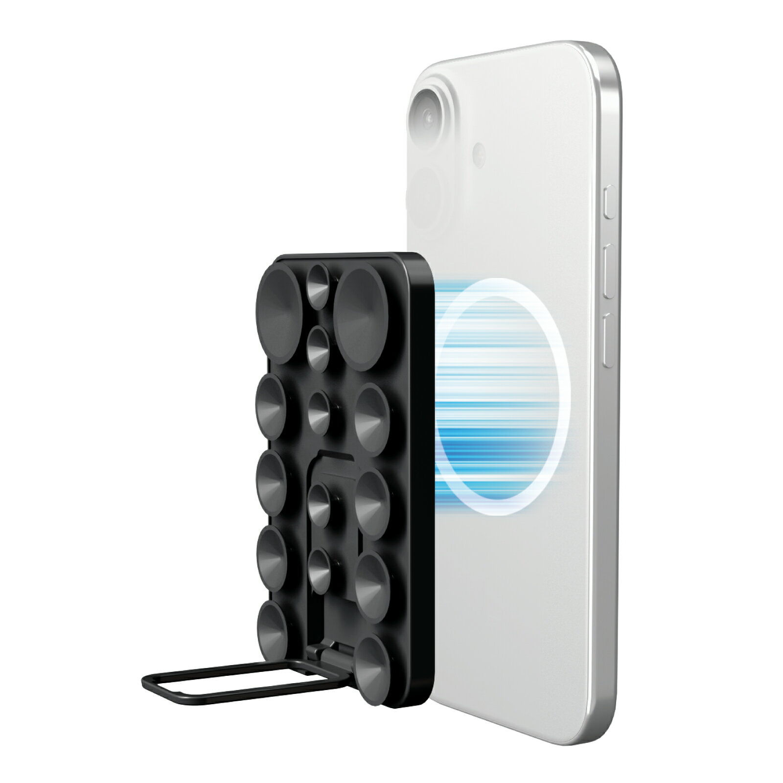 スマホホルダー 吸盤 MagSafe対応 iPhone用 スタンド機能付 縦横対応 強力固定 動画視聴 自撮り 壁鏡ガラス貼付 シリコン コンパクト TakoPita ブラック P-TKPTMAGS01BK/PTKPTMAGS01BK