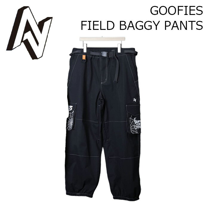 GOOFIES FIELD BAGGY PANTS RELAXED FIT カラー : GOOFIES サイズ : XS, S, M, L, XL WATERPROOF : 10,000mm BREATHABLE : 8,000g/m&sup2;/24hr 2LAYER / SECTION SEAM SEALING / DUPONT&trade; / TEFLON&reg;COATING / 3-D CUTTING FIT パンツベンチレーション / ウエストゲーター / ジョガータイプボトム / スリップレスボトムギャザー / ウエストクロージャーベルト / シューレースフック / カーゴポケット / シリコンロゴネーム ※ご注意※ ・製造過程で細かいキズがつくことがあります。ご了承ください。 ・実店舗と在庫を共有しているため、タイミングによって完売となる場合がございます。 ・モニターの発色によって色が異なって見える場合がございます。