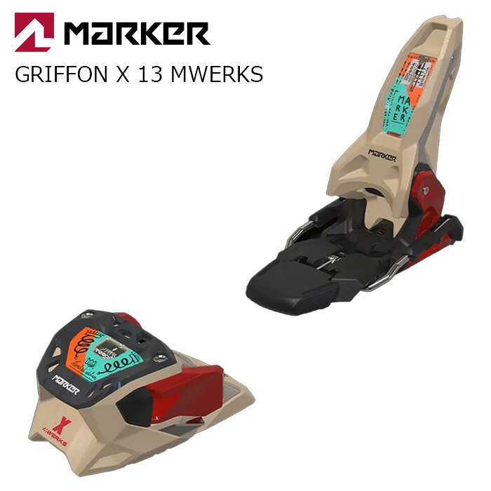 MARKER マーカー ビンディング Volkl REVOLT コラボモデル GRIFFON X 13 MWERKS（解放値4.0-13.0） カラー : ベージュ/レッド ブレーキ幅 : 105mm このパフォーマンス・フリーライド・ビンディングはウェイトが軽めのライダーにもおすすめです。DINが13までであることを除けば、兄貴分のジェスターX-MWerksと同じ機能を備えています。トウのハウジングはシングルキャストで作られており、従来のグリフォンと比べて軽量でコンパクトかつ、安定性が増しました。新しく採用した合金のおかげで、アンチ・アイス・レールはこれまで以上に頑丈です。このビンディングの最も印象的な特徴は、ブレーキをヒールハウジングと一体化したことによって実現した驚くほどダイレクトなパワー伝達です。ヒールのスタンドハイトは従来の24mmから14mmと10mmも低く、トウのスタンドハイトも9mmとなりパフォーマンスの違いも印象的です。パークでもパイプでもオフピステでも、グリフォンX-13-MWerksは解放値4〜13の精密なコントロールを実現し、スキー、ビンディング、ブーツをより一体化させるのです。 カテゴリー : フリーライド ブーツタイプ : A / GW A 適合体重 : < 120 kg スタンドハイト : 14mm トウシステム : トリプルピボットエリートX AFD グライディングプレート : ステンレススチール ヒール : インターピボットX 重量(1/2ペア) : 1130g 原産国 : チェコ 【スタッフコメント】 26/27シーズンよりグリフォンはリニューアルしており、実質的に3モデルとなっている感じです。 「24/25/26・GRIFFON 13」 スタンドハイトが高めで従来の乗り味に近いモデル。 「26/27・GRIFFON X 13」 スタンドハイトが低めでダイレクトな操作感。 「26/27・GRIFFON X 13 MWerks」 基本GRIFFONX 13と同じだが、一部のパーツを金属系の素材に変更し若干重くなっているものの、剛性、耐久性を上げている。 自分のスタイル、滑りに合わせてお選び頂ければと思います。 ※ビンディングの単品販売は行っておりません。 　ビンディングのみのご購入はキャンセルとなります。ご了承ください。 　スキー板と同時購入でビンディングの取り付けを行っております。 ※解放値について※ 当店での解放値設定は「10」までとなっております。予めご了承ください。 ※ご注意※ ・製造過程で細かいキズがつくことがありますが、不良品には該当いたしません。 ・実店舗と在庫を共有しているため、タイミングによって完売となる場合がございます。 ・モニターの発色によって色が異なって見える場合がございます。