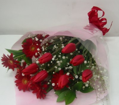 チューリップ10本&ガーベラの花束【赤系】送料無料ギフト