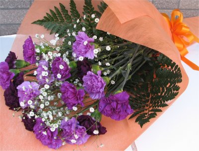 北海道と九州は送料500円いただきます。 ・＊5月以降の発送になります。 ・＊ご注文時にお届け希望日をご指定ください。 ・メッセージカードには、当店のメッセージを 70文字以内で承ります。（無料） 新色アクアブルーを加え 4色ミックスされた紫のグラデーションは、美しくかつ上品です。 ムーンダスト14本＆ブルファン(紫の小花）またはかすみ草を添えて 高さ=50〜60cm 幸せを願う青い花 ムーンダストのブランドコンセプト それは、「幸せを願う青いな花」 月のような華麗な花びらが 永遠の幸福をこたらすようにと あなたとあなたの大切な人の 人生を見守ります。 人生の節目を祝う大切な記念日に 永遠の幸せを願う気持ちを ムーンダストに込めて・・・ 新色「アクアブルー」 特徴の一つはその色合い。 大輪の4色の中で一番淡い青色。 他のムーンダストと合わせて、 美しい花色のグラデーションが楽しめます。 「ベルベットブルー」 まるでベルベットを思わせるような、 ノーブルな質感を持つ「ベルベットブルー」。 高貴でゴージャスな雰囲気をかもしだします。 「プリンセスブルー」 深みのある青紫色。 3色のなかでは、ちょうど中間の色合いに。 「ライラックブルー」 淡い赤みがかったブルーの「ライラックブルー」 いちばん優しく甘い印象が漂います。 　　この4色のMIX花束　　 美しい色合いをご堪能ください この大きさの箱でお届けしますおかげさまで、ものすごい人気です！ 贈って喜ばれる＜ムーンダスト＞ ↓↓↓　【お客様の声】をご覧ください　↓↓↓ サントリー花卉事業部開発！！ 「ムーンダスト」は、1995年にサントリーフラワーズ（株）と オーストラリアのフロリジン社（Florigene）が共同で、 遺伝子組み換え技術を用いて世界で初めて開発に成功した 青紫色のカーネーション（切り花）。 上品な色合いで大変ご好評をいただいており、 “グッドデザイン金賞”を受賞しました。