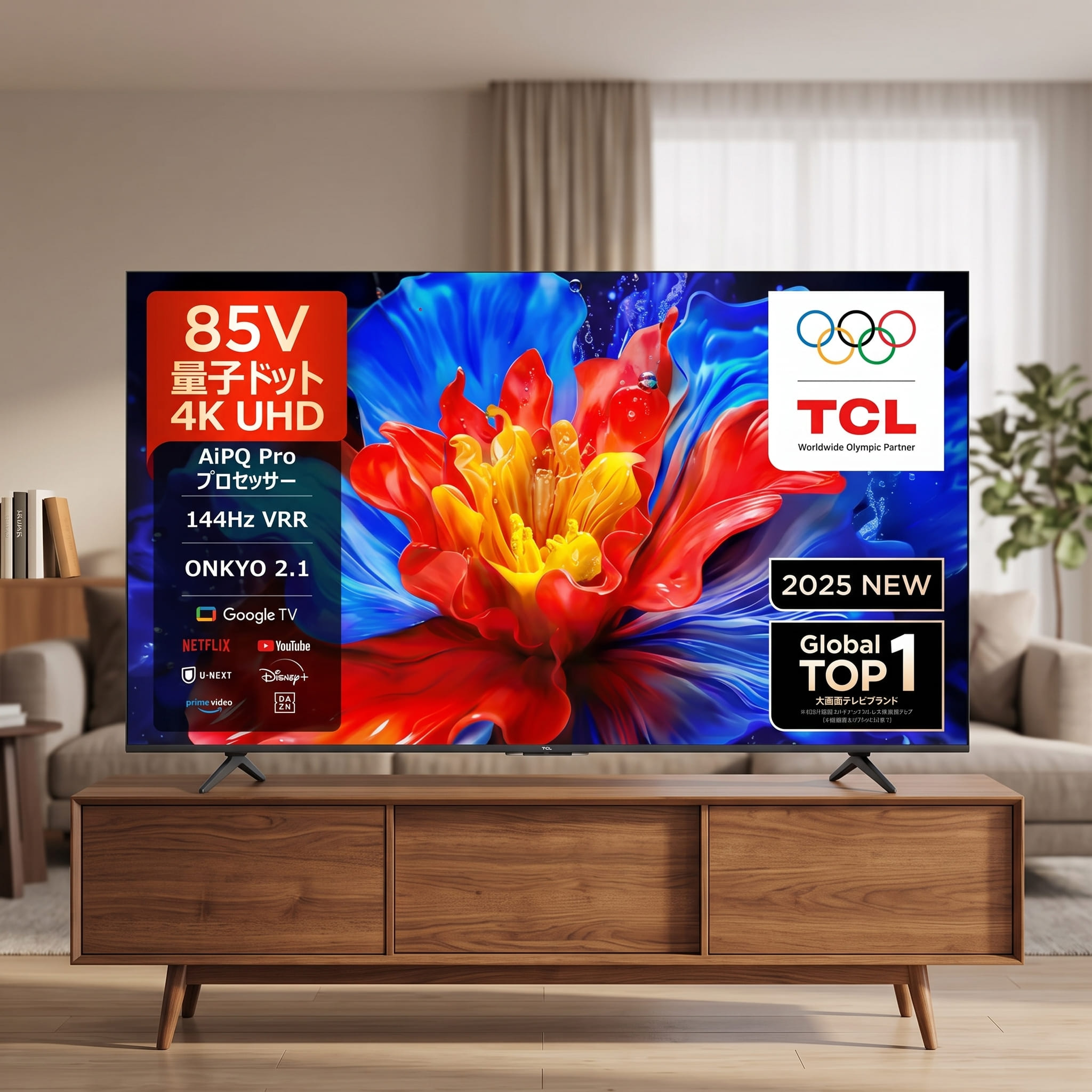 TCL 85型 4K 液晶テレビ 85P8K QLED 144Hz 倍速駆動 Google TV搭載 量子ドット 高画質 85インチ 大画面 ゲーム対応 ネット動画 映画鑑賞 リビング TCL 85P8K