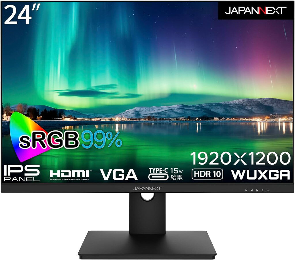 ジャパンネクスト 24インチ 液晶ディスプレイ(1920x1200/IPS/HDMI/Type-C15W給電/VGA/チルト/スピーカー/非光沢/2年保証) JN-IPS24WUXGAR-C 時間指定不可