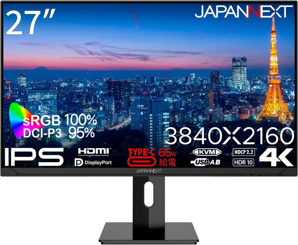ジャパンネクスト 27インチ ワイド 4K液晶ディスプレイ(3840x2160/IPS/DP/HDMI/Type-C65W給電/スピーカー/チルト/高さ調整/スイベル/ピボット/非光沢/2年保証) JN-IPS271UHD-C65W-HSP