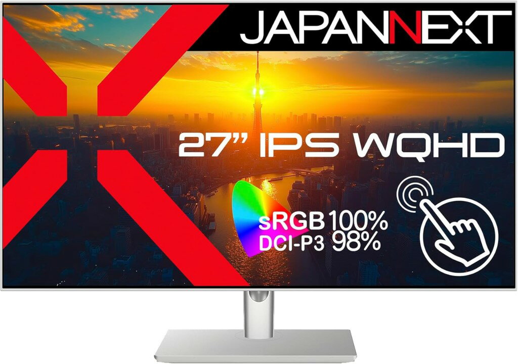 ジャパンネクスト 27インチ ワイド液晶ディスプレイ(2560x1440/タッチパネル/IPS/DP/HDMI/Type-C65W給電/チルト/高さ調整/スイベル/ピボット/スピーカー/非光沢/ホワイトカラー/2年保証) JN-IPS27WQHDR-C65W-FLD-T