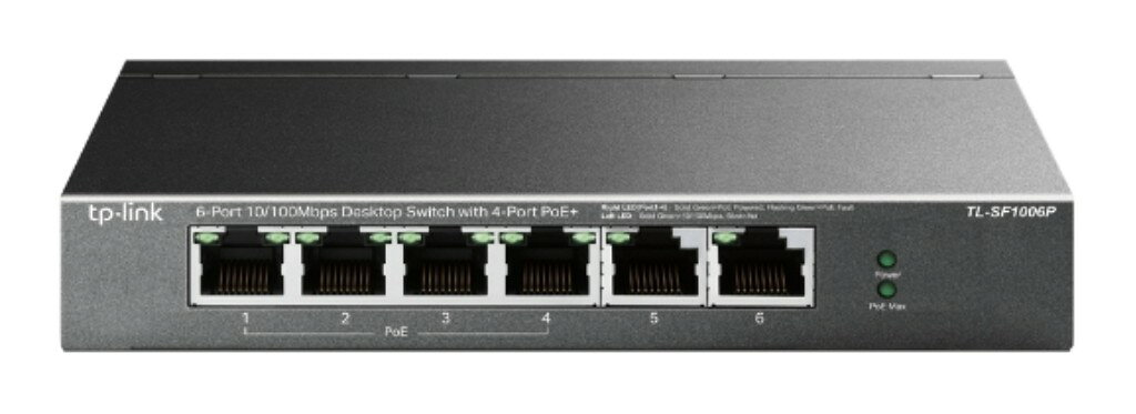 商品説明6x 10/100Mbps RJ45ポート。4x PoE+ポート搭載。IEEE 802.3af/at準拠のPDと接続可能。最長250mまでデータと電源の供給可能(Extendモード利用時)各ポート最大30W給電可能。全ポート合計で最大67W給電可能。プラグ&プレイ対応ITEM INFORMATION製品タイプスイッチングハブ仕様■インターフェース:10/100Mbps RJ45ポートx6(ポート1〜4 IEEE 802.3af/at PoE+対応)、AUTO Negotiation、AUTO MDI/MDIX■ネットワークメディア:10BASE-T(UTP Cat3/4/5、最長100m)、100BASE-TX(UTP Cat5/5e、最長100m)、EIA/TIA-568 100Ω STP(最長100m)■ファン:ファンレス■物理セキュリティロック:対応■電源:外部電源アダプター(出力 53.5VDC / 1.31A)■パケット転送レート:0.8928Mpps■PoE規格:IEEE 802.3af/at準拠、PoEポートx4(ポート1〜4)、供給電力 67W■MACアドレステーブル:2K■ジャンボフレーム:2KB■スイッチング容量:1.2Gbps■寸法:約158x101x25mm■最大消費電力:1.9W(PD未接続時)、74W(67W PD接続時)■最大放熱:6.48BTU/h(PD未接続時)、252.34BTU/h(67W PD接続時)■伝送方式:ストア&フォワード■高度機能:IEEE 802.3af/at準拠PD対応、Extendモード(ポート1〜4)、Priorityモード(ポート1〜2)、MACアドレス自動学習&自動エイジング、IEEE 802.3xフロー制御(全二重)&半二重バックプレッシャー■認証:FCC、CE、RoHS■パッケージ内容:TL-SF1006P本体、電源アダプター、設置ガイド■動作環境:動作温度0〜40℃、保存温度-40〜70℃、動作湿度10〜90%RH(結露なし)、保存湿度5〜90%RH(結露なし)VCCI適合 Class-BRoHS指令RoHS2電気用品安全法(PSE)適合J-Moss対象外電気用品安全法(PSE) 対象製品電源アダプター