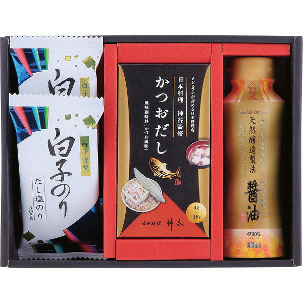 商品説明ミシュランが認める日本料理店「神谷」監修の味を家庭でもおたのしみください●かつおだし(4g×8袋)×1、伊賀越天然醸造醤油200ml×1、白子だし塩のり(8切5枚)×2ITEM INFORMATIONJAN4904963428306アレルギー表示特定原材料乳、小麦特定原材料に準ずるもの大豆